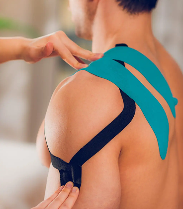 Shoulder supported with kinesiology tape to improve stability and reduce muscle strain