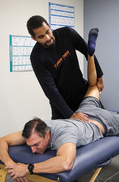 Assisted leg and hip stretch to improve flexibility, mobility, and recovery